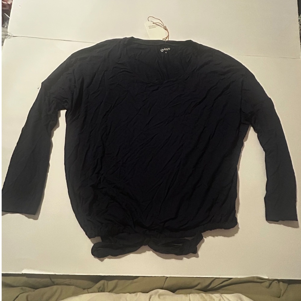 Quince Navy Blue Long Sleeve Tie Front Jersey Top Small Relaxed Fit Scoop Neck